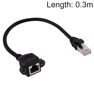 RJ45 Female to Male CATE5 Network Panel Mount Screw Lock Extension Cable  Length  0 3m  Black